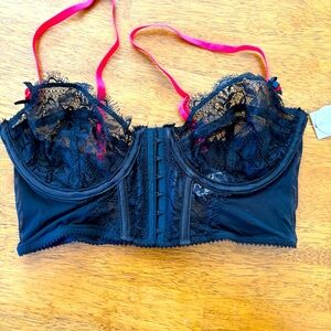 Mila Mae NWT Black Lace Bustier Bra Pink Straps 34C sexy Valentine’s Day romance